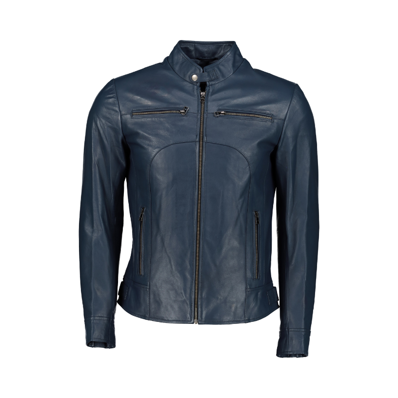 Men's Navy Blue Slim-Fit Leather Jacket- Supreme Leather - Supreme Leather Supply 