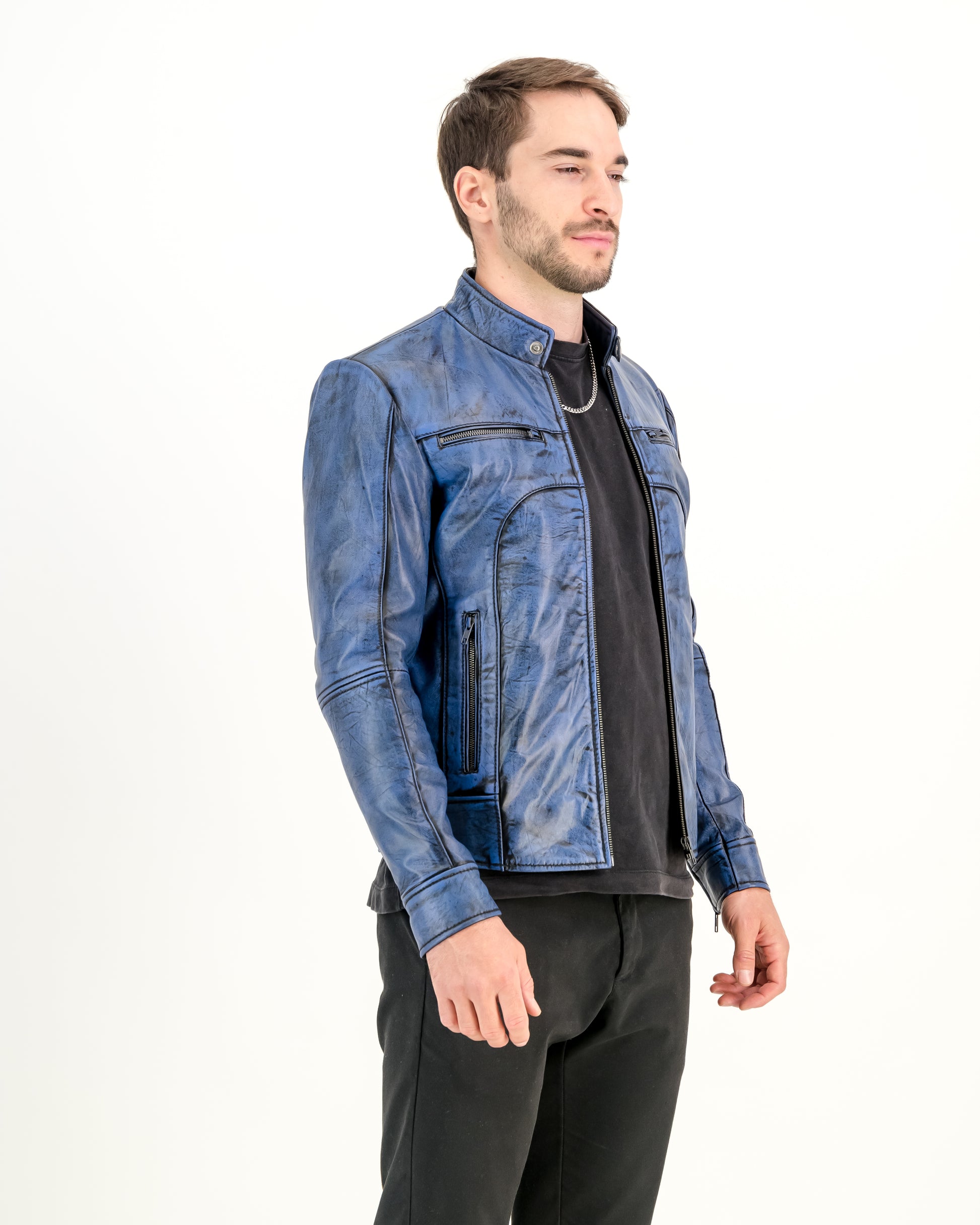 Classic Slim Fit Leather Jacket (Stained Blue)- Supreme Leather Supreme Leather