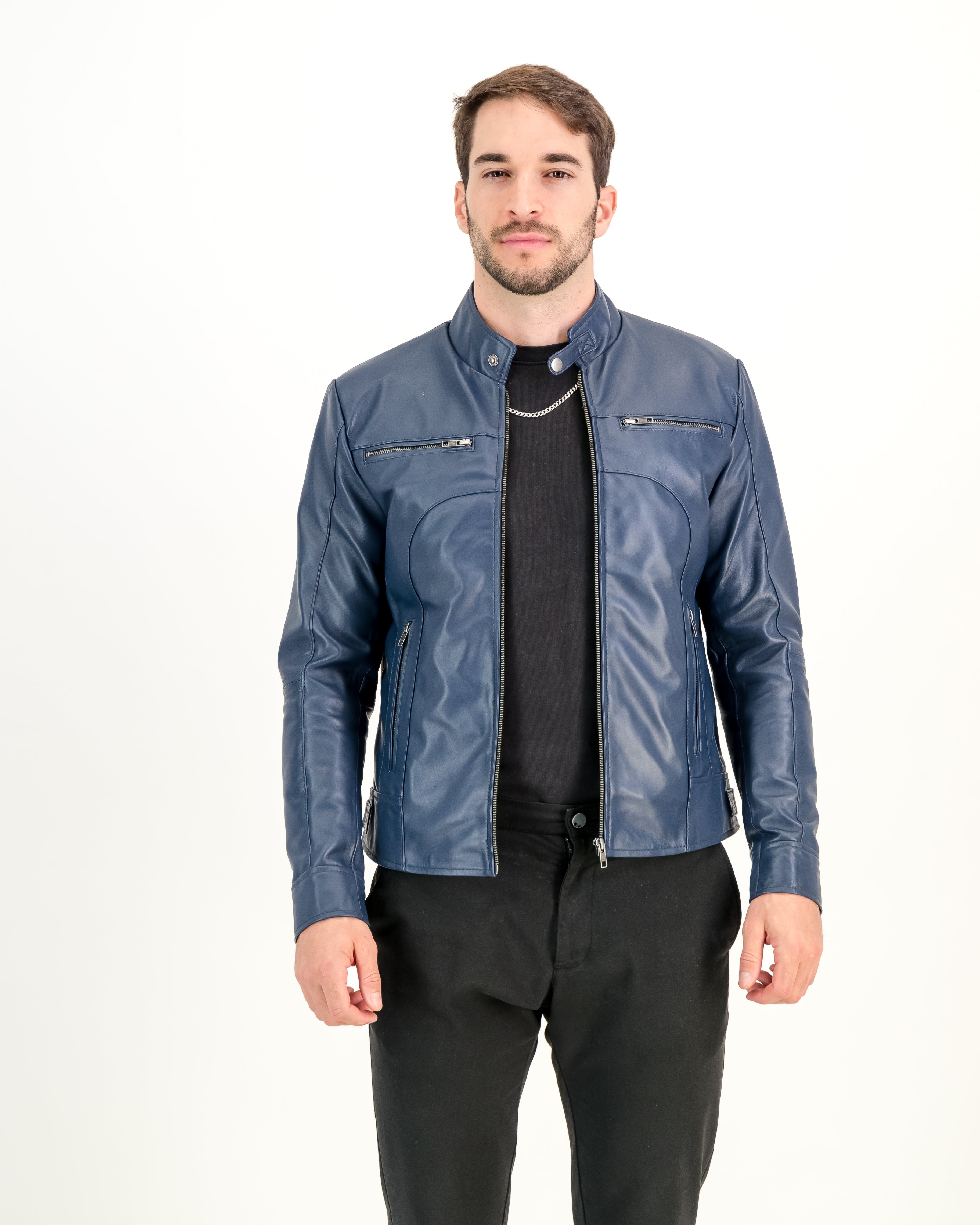 Men's Navy Blue Slim-Fit Leather Jacket- Supreme Leather