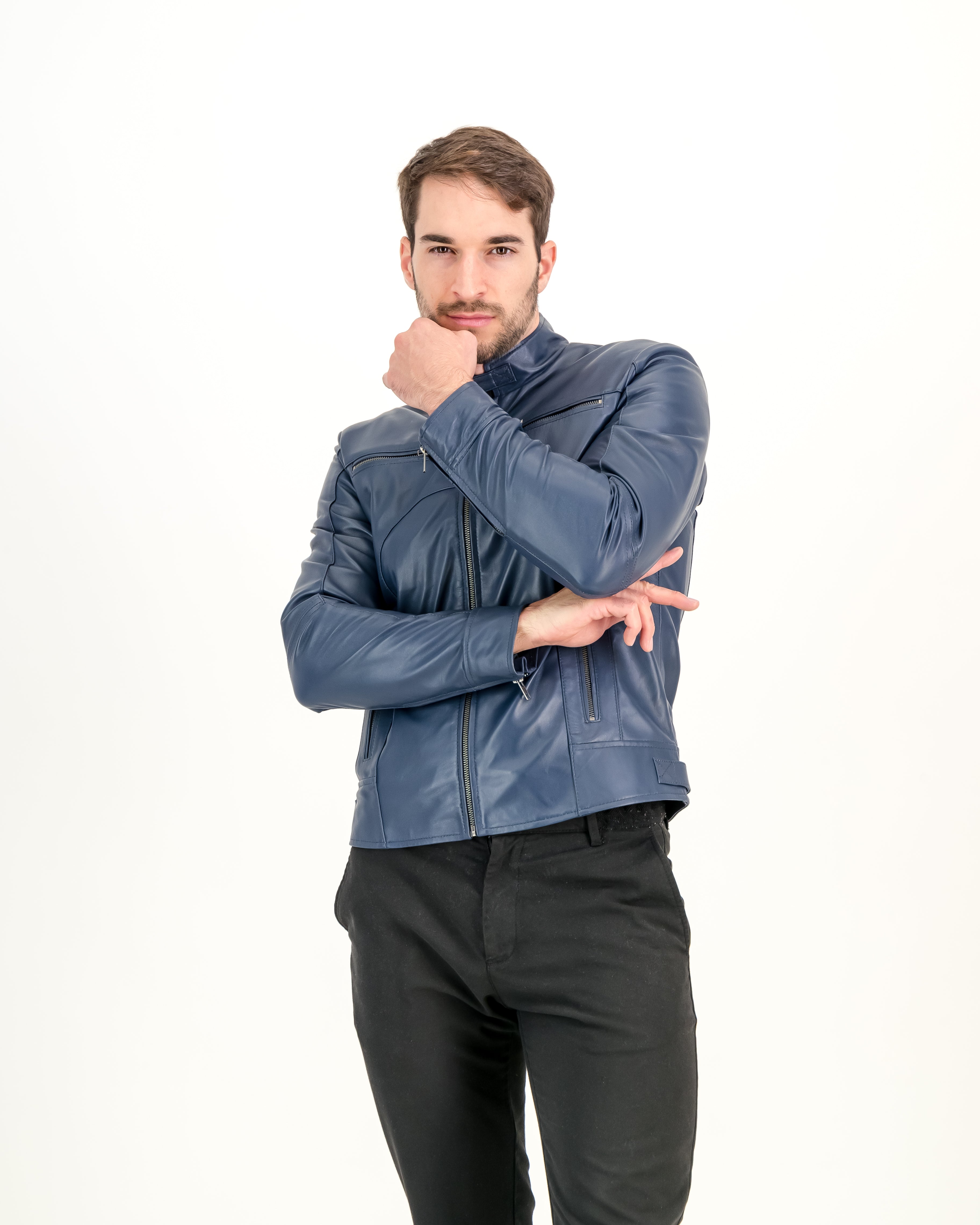 Men's Navy Blue Slim-Fit Leather Jacket- Supreme Leather