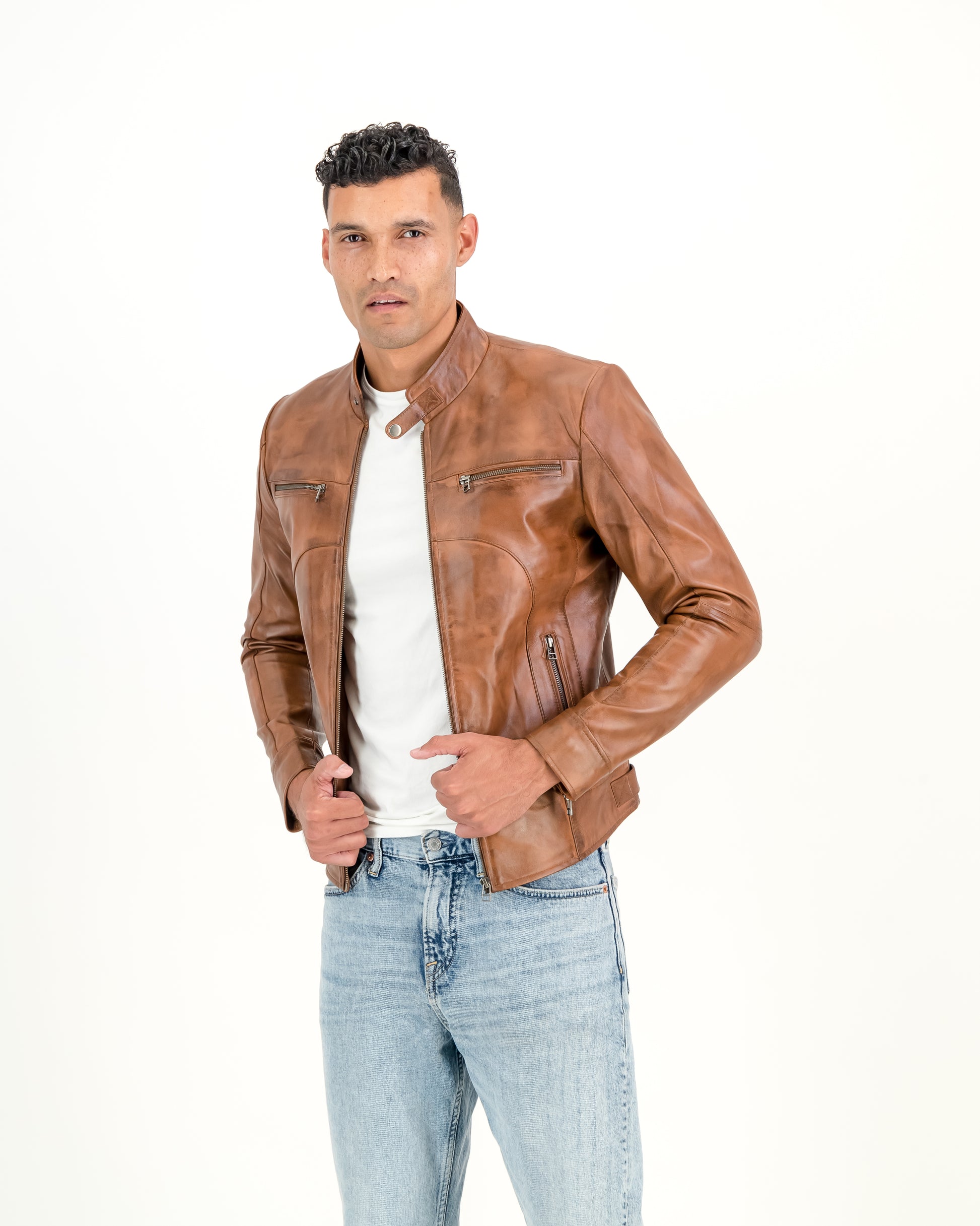 Men's Tan Waxed Brown Slim Fit Classic Leather Jacket- Supreme Leather Supreme Leather