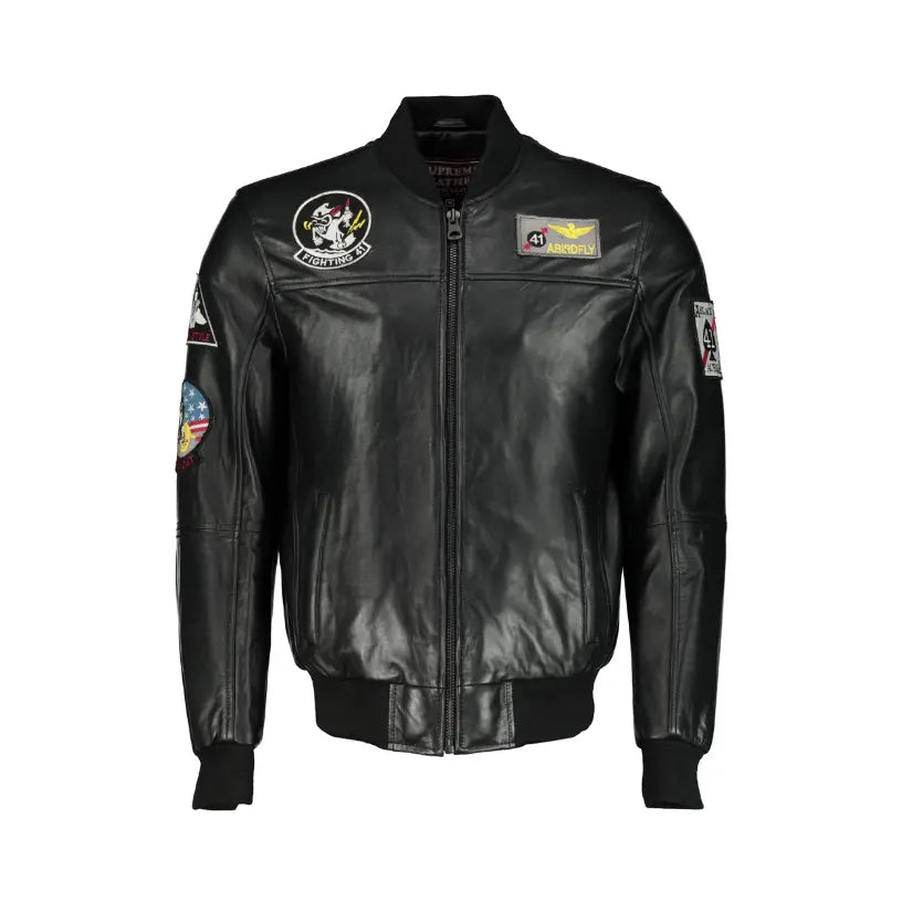 Pilot Bomber Patchwork Leather Jacket (Black))- Supreme Leather - Supreme Leather Supply 