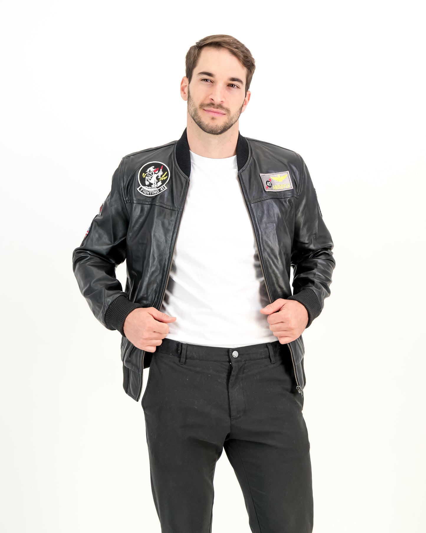 Pilot Bomber Patchwork Leather Jacket (Black)- Supreme Leather Supreme Leather