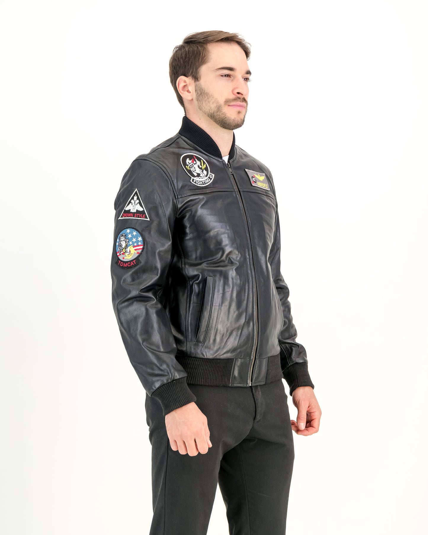 Pilot Bomber Patchwork Leather Jacket (Black)- Supreme Leather Supreme Leather