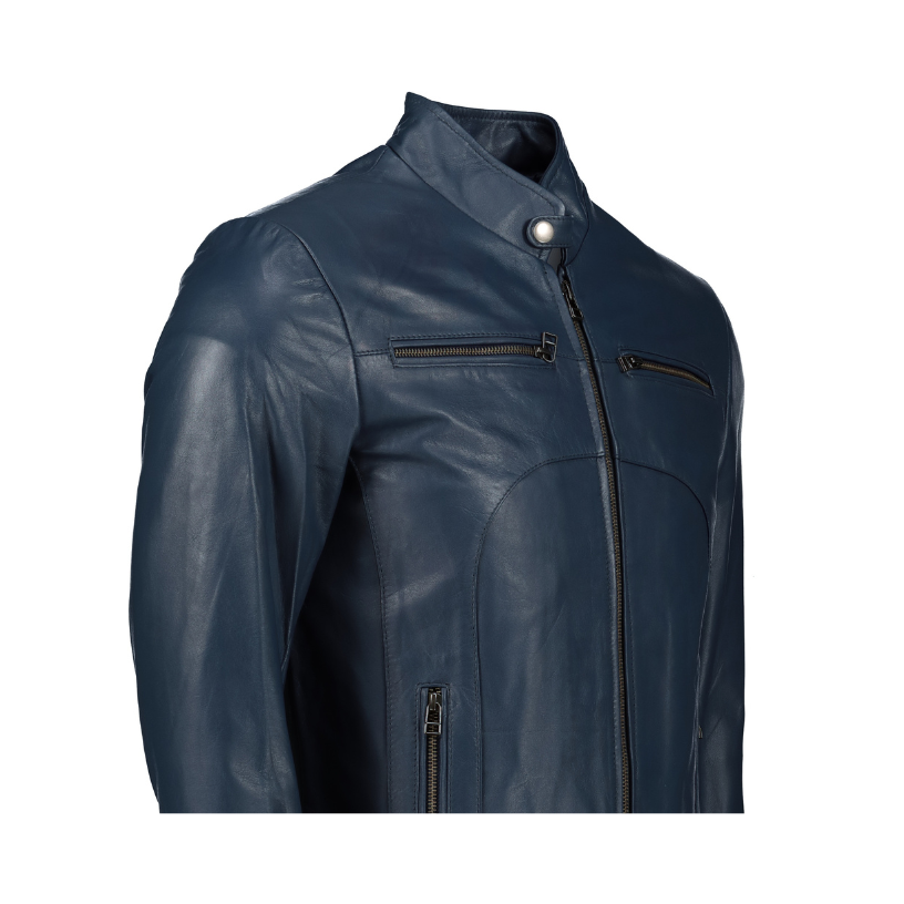 Men's Navy Blue Slim-Fit Leather Jacket- Supreme Leather - Supreme Leather Supply 